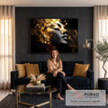 Quadro Decorativo Grande Rosto Dourado para Sala Preto | quadros decorativos para sala de estar | rosto feminino em perfil com pele preta e explosão de partículas douradas | em ambiente 3 | Porao dos Quadros