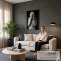 Quadro Decorativo Grande Grito Escultura para Sala Branco | quadros decorativos para sala de estar | escultura de mármore branco com figura gritando e mãos no rosto sobre fundo preto | em ambiente 3 | Porao dos Quadros