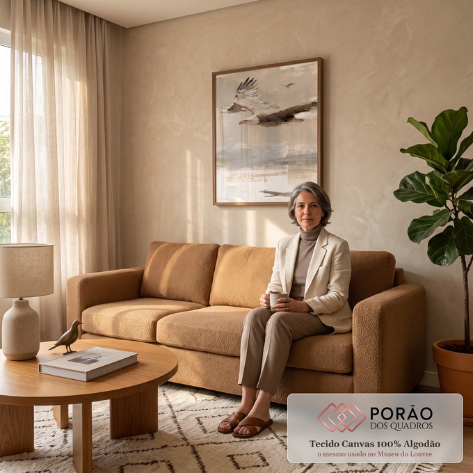 Quadro Decorativo Águia Careca em Voo Estilo Pintura | quadros decorativos para sala de estar | águia careca em voo pintada em tons marrom e bege com fundo abstrato | em ambiente 3 | Porao dos Quadros