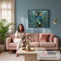 Quadro Decorativo Grande Coruja para Sala Azul | quadros decorativos para sala de estar | coruja em mosaico de vidro azul com olhos dourados pousada em galho metálico | em ambiente 3 | Porao dos Quadros