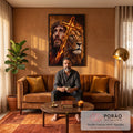 Quadro Decorativo Grande Jesus e Leão para Sala Laranja | quadros decorativos para sala de estar | rosto de Jesus e cabeça de leão unidos por cruz em chamas em tons de laranja | em ambiente 3 | Porao dos Quadros