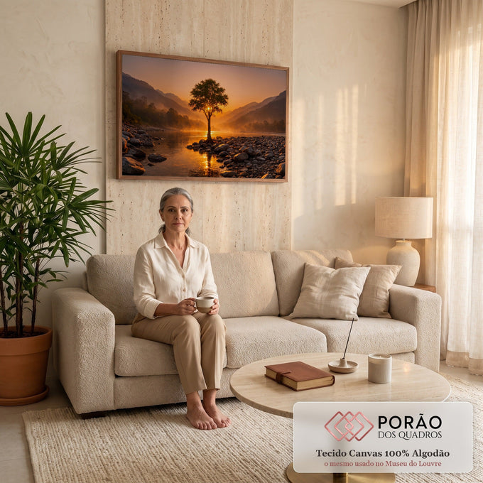 Quadro Decorativo Grande Árvore Solitária Rio para Sala | quadros decorativos para sala de estar | árvore solitária sobre pedras à beira de rio com sol poente entre galhos e montanhas ao fundo | em ambiente 3 | Porao dos Quadros