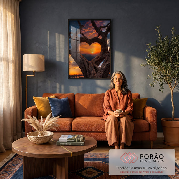 Quadro Decorativo Grande Árvore para Sala Laranja | quadros decorativos para sala de estar | galhos de árvore formando coração emoldurando pôr do sol sobre montanhas | em ambiente 3 | Porao dos Quadros