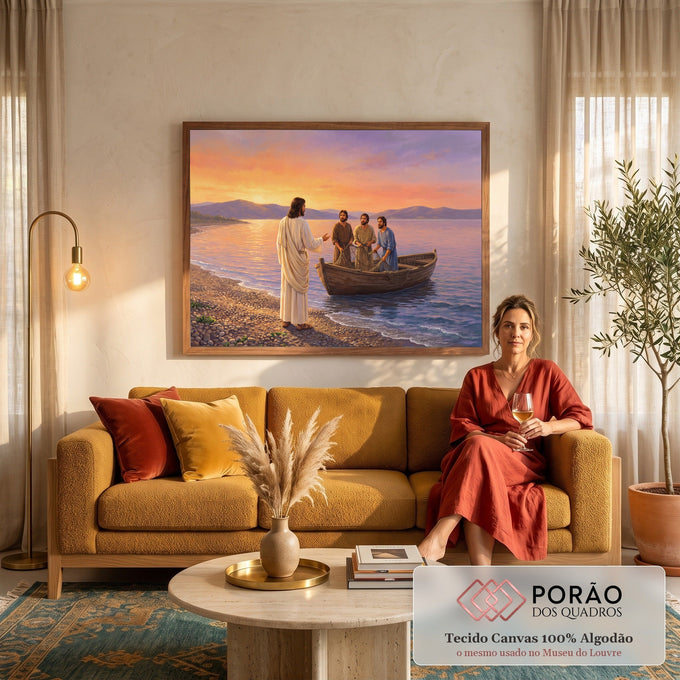Quadro Decorativo Grande Jesus Chamando Laranja para Sala | quadros decorativos para sala de estar | Jesus na praia conversando com pescadores em barco durante pôr do sol colorido | em ambiente 3 | Porao dos Quadros