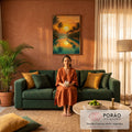 Quadro Decorativo Grande Pôr do Palmeiras para Sala Laranja | quadros decorativos para sala de estar | pôr do sol laranja refletido em rio entre palmeiras tropicais | em ambiente 3 | Porao dos Quadros