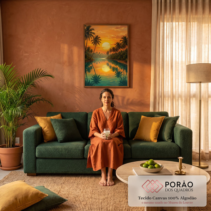 Quadro Decorativo Grande Pôr do Palmeiras para Sala Laranja | quadros decorativos para sala de estar | pôr do sol laranja refletido em rio entre palmeiras tropicais | em ambiente 3 | Porao dos Quadros