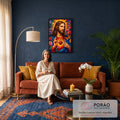 Quadro Decorativo Grande Sagrado Coração Cruz para Sala Azul | quadros decorativos para sala de estar | retrato de Jesus Cristo em mosaico geométrico com coração sagrado em chamas e flores | em ambiente 3 | Porao dos Quadros