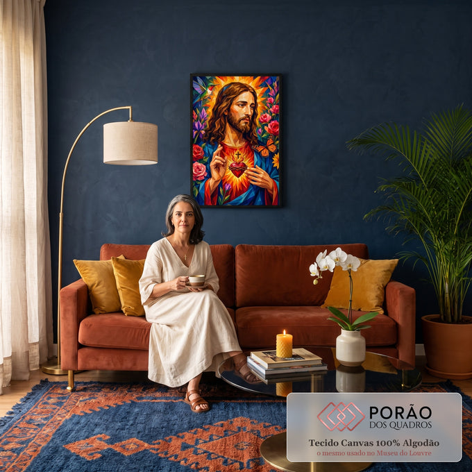 Quadro Decorativo Grande Sagrado Coração Cruz para Sala Azul | quadros decorativos para sala de estar | retrato de Jesus Cristo em mosaico geométrico com coração sagrado em chamas e flores | em ambiente 3 | Porao dos Quadros