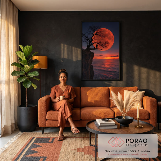 Lua vermelha gigante atrás de árvore na falésia com homem e cão, pôr do sol sobre o mar, quadro decorativo