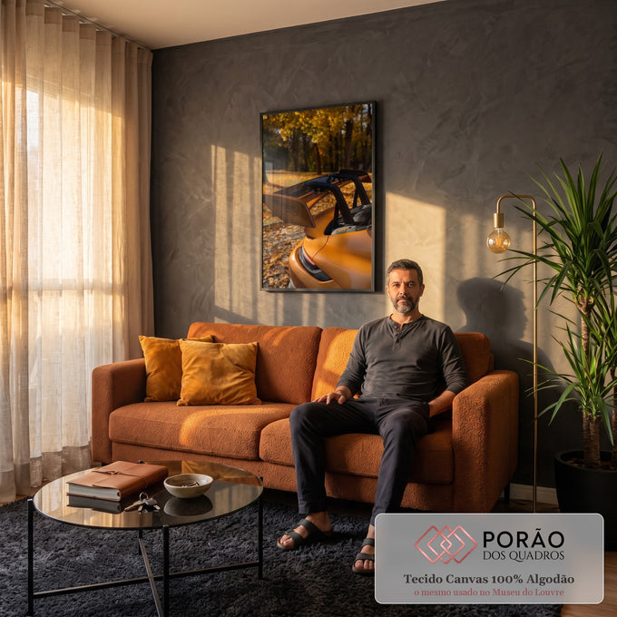 Quadro Decorativo Grande Aerofólio de Carro para Sala | quadros decorativos para sala de estar | carro esportivo laranja com aerofólio preto em cenário de outono dourado | em ambiente 3 | Porao dos Quadros
