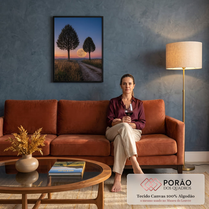 Lua cheia entre duas árvores, estrada de terra e campo dourado sob céu azul e laranja, quadro decorativo