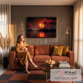 Quadro Decorativo Grande Pôr do Sol Floresta para Sala | quadros decorativos para sala de estar | pôr do sol amarelo atrás de pinheiros vermelhos refletidos na água escura | em ambiente 3 | Porao dos Quadros