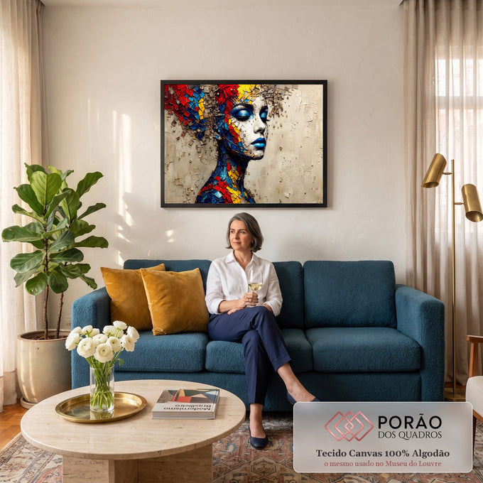 Rosto de mulher de olhos fechados e lábios azuis se desfazendo em mosaico colorido, quadro decorativo