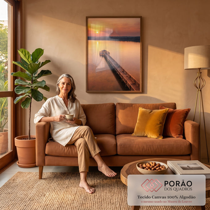 Quadro Decorativo Grande Deque de Madeira para Sala Laranja | quadros decorativos para sala de estar | deque de madeira sobre lago calmo com sol se pondo em céu laranja e rosa | em ambiente 3 | Porao dos Quadros