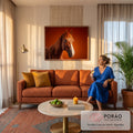 Retrato da cabeça de um cavalo castanho com crina ruiva e listra branca sobre fundo laranja, quadro decorativo