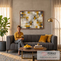 Quadro Decorativo Grande Mosaico Abstrato para Sala Dourado | quadros decorativos para sala de estar | mosaico abstrato com blocos dourados, cinza e brancos em textura pintada | em ambiente 3 | Porao dos Quadros