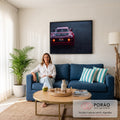 Ferrari F40 vermelha vista de trás com lanternas acesas sobre asfalto escuro ao anoitecer, quadro decorativo