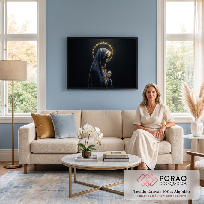 Quadro Decorativo Grande Nossa Senhora em Véu para Sala Azul | quadros decorativos para sala de estar | Nossa Senhora de perfil com véu azul estrelado e auréola dourada em raios | em ambiente 3 | Porao dos Quadros