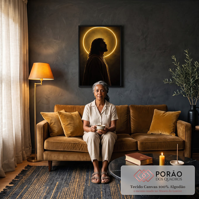 Quadro Decorativo Grande Jesus Cristo Halo para Sala Dourado | quadros decorativos para sala de estar | silhueta de Jesus de perfil com halo circular dourado sobre fundo escuro | em ambiente 3 | Porao dos Quadros