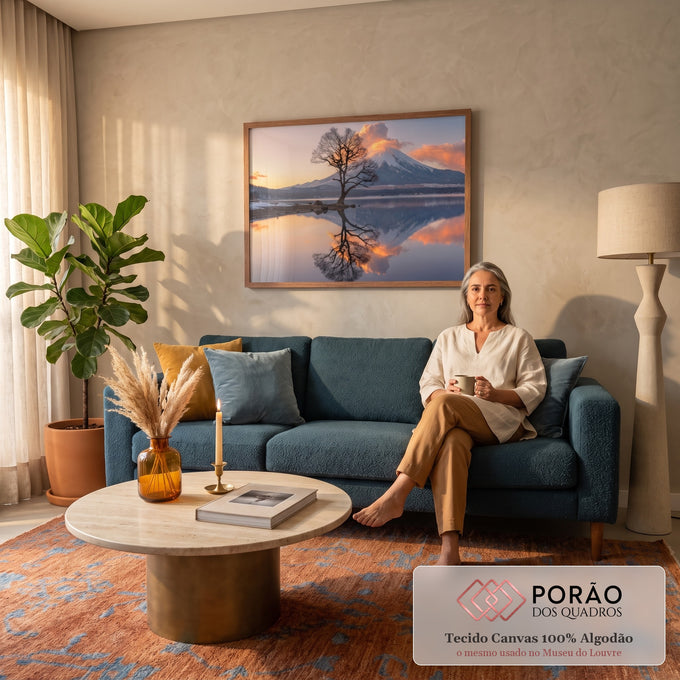 Quadro Decorativo Grande Árvore Solitária para Sala Azul | quadros decorativos para sala de estar | árvore seca refletida em lago calmo com montanha nevada ao fundo em tons de pôr do sol | em ambiente 3 | Porao dos Quadros