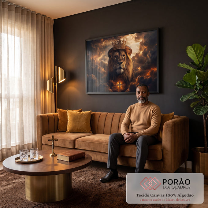 Leão de Judá com coroa dourada entre nuvens dramáticas e cruz iluminada, quadro decorativo