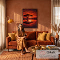 Quadro Decorativo Grande Árvore Acácia para Sala Vermelho | quadros decorativos para sala de estar | acácia em silhueta refletida na água sob céu vermelho de pôr do sol africano | em ambiente 3 | Porao dos Quadros