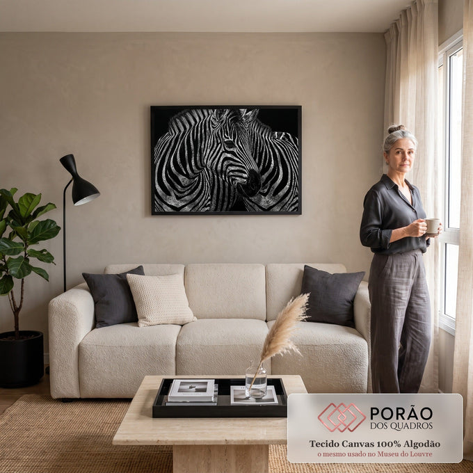 Quadro Decorativo Grande Duas Zebras para Sala Preto | quadros decorativos para sala de estar | duas zebras entrelaçadas em preto e branco com listras detalhadas sobre fundo escuro | em ambiente 3 | Porao dos Quadros