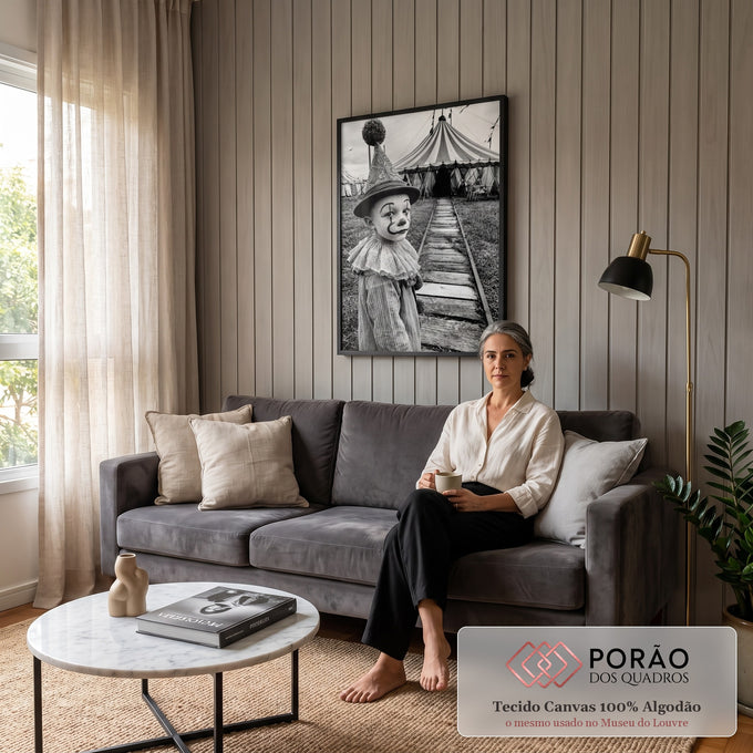 Menino vestido de palhaço com gola de renda diante de tenda de circo em preto e branco, quadro decorativo