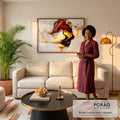 Quadro Decorativo Grande Árvore Vermelha para Sala Branco | quadros decorativos para sala de estar | árvore de folhas vermelhas sobre céu dourado emoldurada por textura branca em relevo | em ambiente 3 | Porao dos Quadros