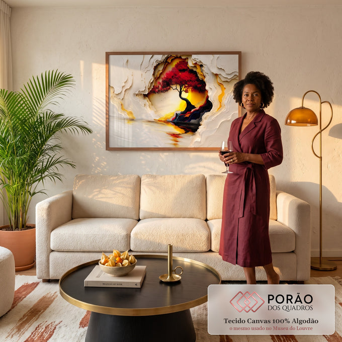 Quadro Decorativo Grande Árvore Vermelha para Sala Branco | quadros decorativos para sala de estar | árvore de folhas vermelhas sobre céu dourado emoldurada por textura branca em relevo | em ambiente 3 | Porao dos Quadros