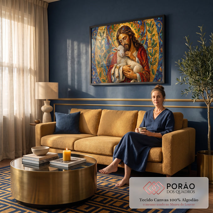 Jesus de manto vermelho abraça um cordeiro branco em mosaico dourado e azul com folhas, quadro decorativo