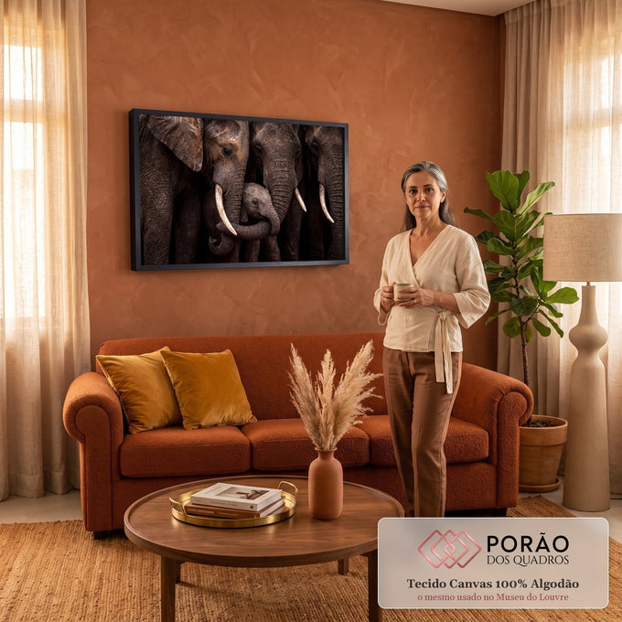 Fotografia de elefantes adultos envolvendo o filhote com as trombas em tons marrons, quadro decorativo