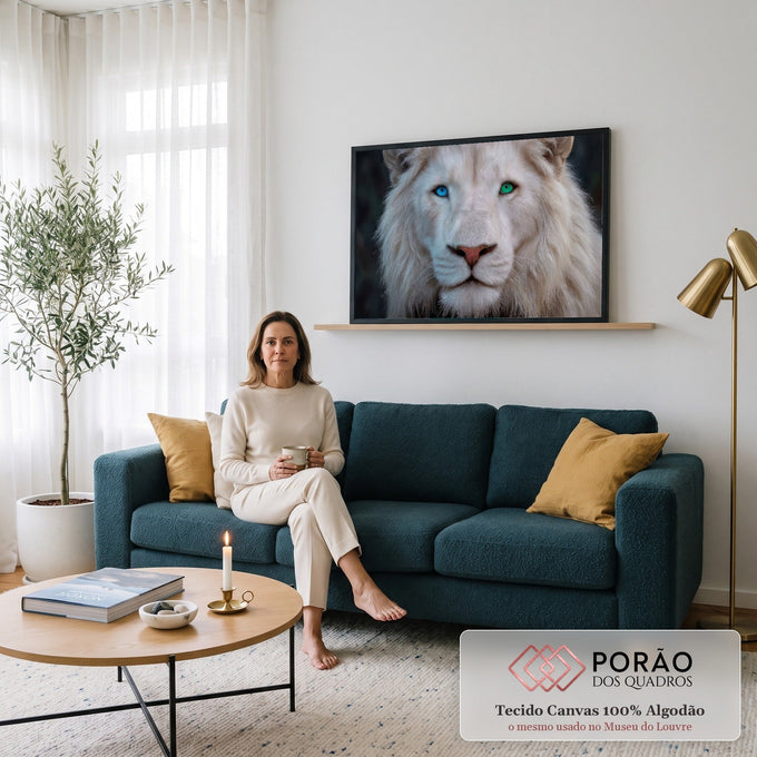 Close de leão branco com um olho azul e outro verde, juba volumosa e fundo escuro, quadro decorativo
