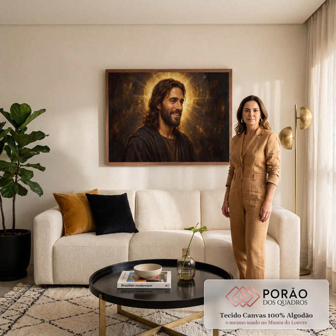 Quadro Decorativo Grande Jesus Auréola para Sala Dourado | quadros decorativos para sala de estar | retrato de Jesus Cristo sorrindo com halo dourado radiante sobre fundo escuro | em ambiente 3 | Porao dos Quadros