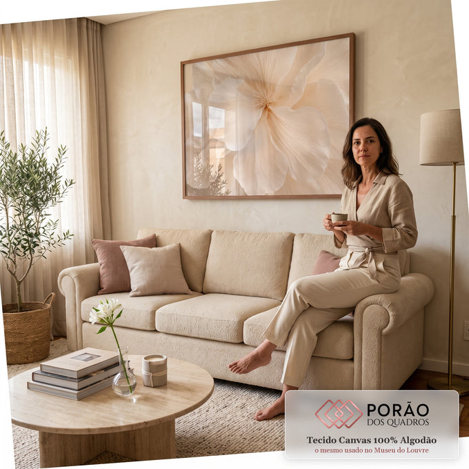 Quadro Decorativo Grande Flor Branca Branco para Sala | quadros decorativos para sala de estar | flor branca em macro com pétalas onduladas e estames bege ao centro | em ambiente 3 | Porao dos Quadros