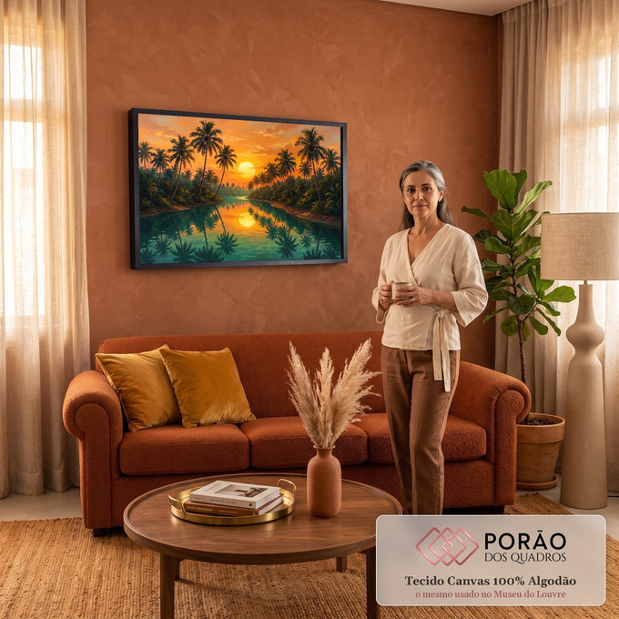 Quadro Decorativo Grande Pôr do Coqueiros para Sala Laranja | quadros decorativos para sala de estar | pôr do sol laranja entre coqueiros refletidos em rio verde-azulado | em ambiente 3 | Porao dos Quadros