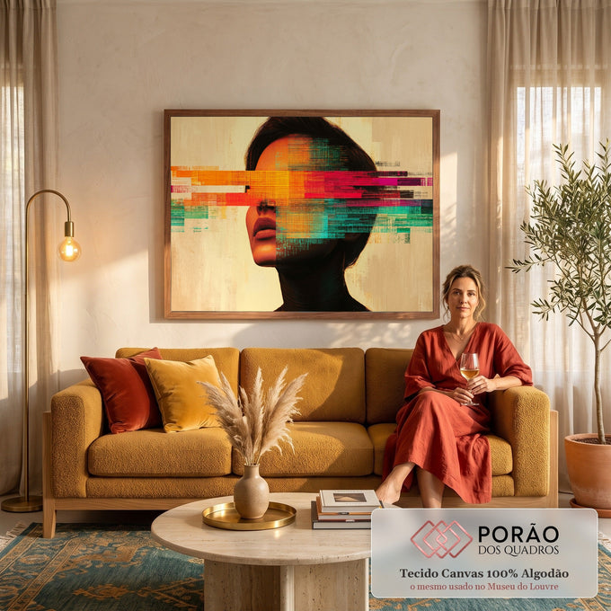 Rosto de mulher com faixas glitch laranja, magenta e verde-água sobre fundo bege, quadro decorativo
