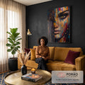 Rosto de mulher de olho verde em espátula dourada e azul com cidade noturna, quadro decorativo