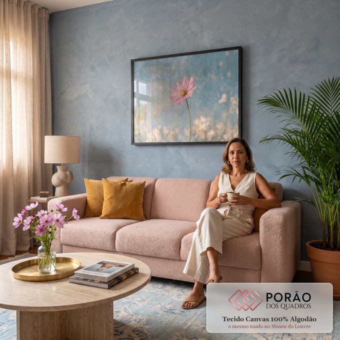 Quadro Decorativo Grande Flor Cosmos para Sala Rosa | quadros decorativos para sala de estar | flor rosa cosmos com centro amarelo sobre fundo azul texturizado com luzes douradas | em ambiente 3 | Porao dos Quadros