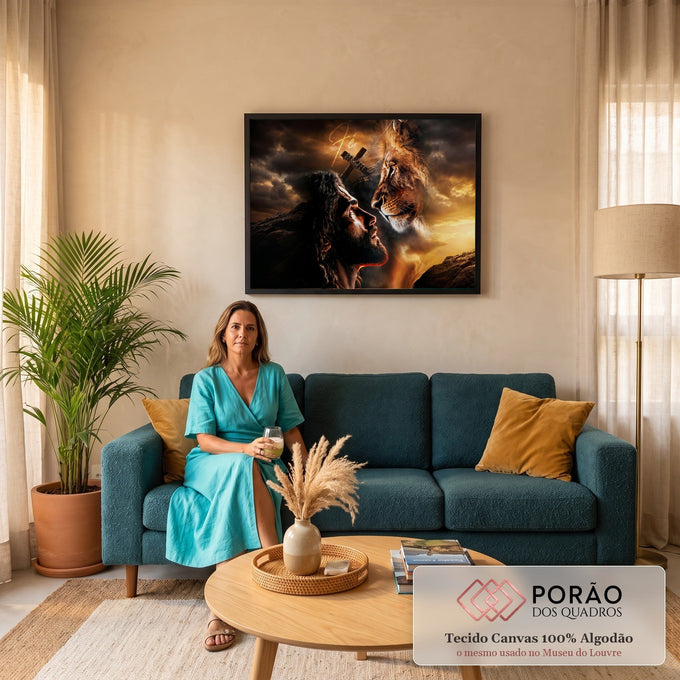 Quadro Decorativo Grande Jesus e Leão para Sala Dourado | quadros decorativos para sala de estar | Jesus e leão frente a frente sob cruz acorrentada com a palavra Fé em dourado | em ambiente 3 | Porao dos Quadros