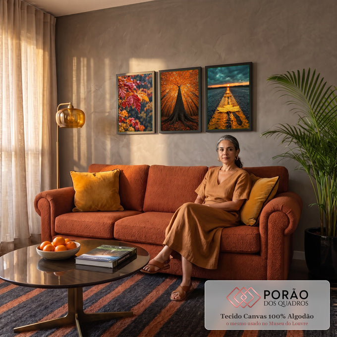 Quadro Decorativo Kit 3 Telas Outono em Folhas para Sala | quadros decorativos para sala de estar | painel de três fotos de outono com folhas na chuva, árvore dourada e estrada ao entardecer | em ambiente 3 | Porao dos Quadros