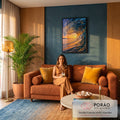 Onda do mar formando tubo com pôr do sol laranja e reflexos dourados na água, quadro decorativo