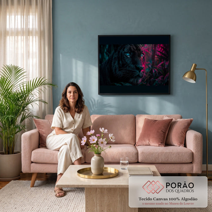 Tigre negro de olhos azuis entre folhagens tropicais com luz neon rosa, quadro decorativo