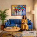 Quadro Decorativo Grande Pessoas com Guarda-Chuvas para Sala | quadros decorativos para sala de estar | pessoas caminhando sob guarda-chuvas coloridos em dia de chuva na cidade | em ambiente 3 | Porao dos Quadros