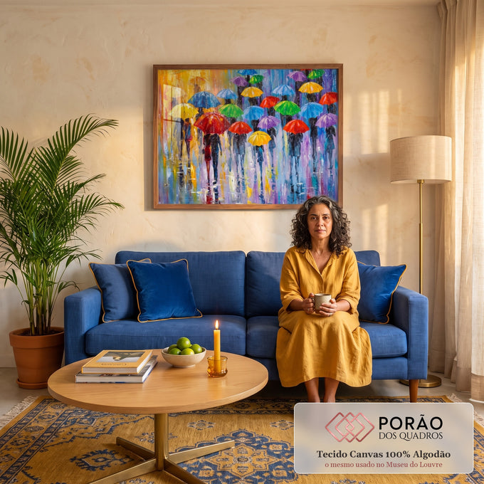 Quadro Decorativo Grande Pessoas com Guarda-Chuvas para Sala | quadros decorativos para sala de estar | pessoas caminhando sob guarda-chuvas coloridos em dia de chuva na cidade | em ambiente 3 | Porao dos Quadros