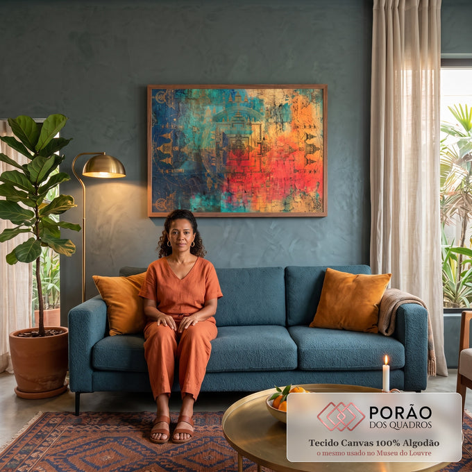 Mandala tibetana com templos dourados sobre parede craquelada azul, laranja e vermelha, quadro decorativo