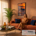 Pôr do sol laranja sobre o mar em Santorini com casas brancas e cúpulas azuis, quadro decorativo