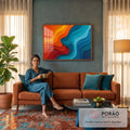 Ondas abstratas em camadas recortadas, laranja e vermelho de um lado e azul turquesa do outro, quadro decorativo