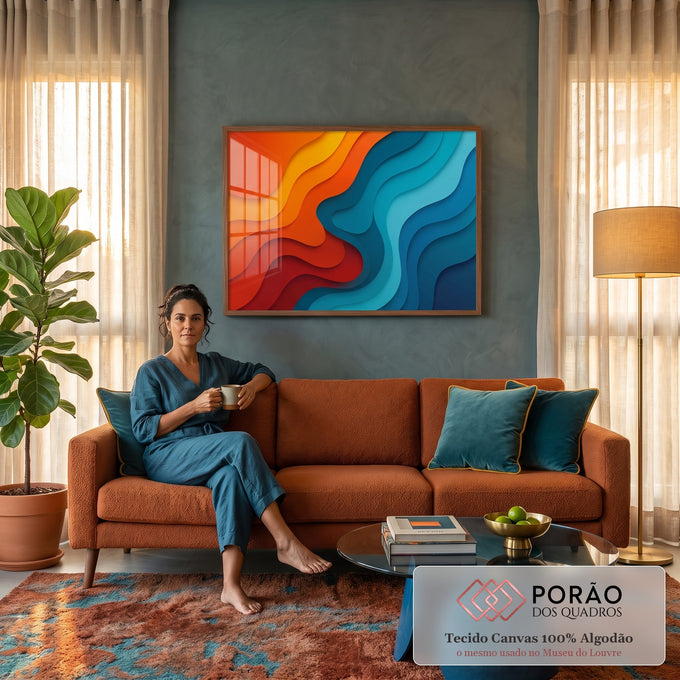 Ondas abstratas em camadas recortadas, laranja e vermelho de um lado e azul turquesa do outro, quadro decorativo