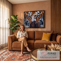 Águia-careca gritando à frente do rosto de um tigre de olhos âmbar, arte digital, quadro decorativo